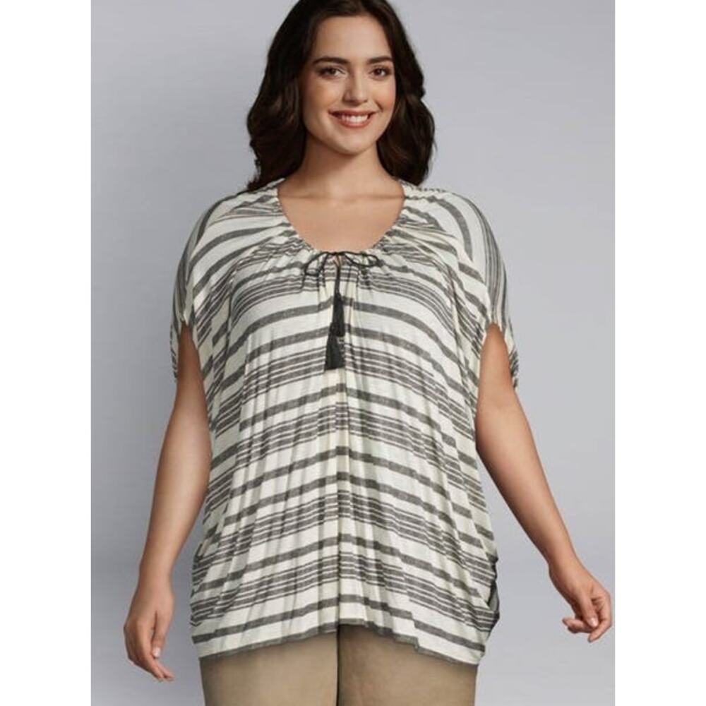 NEW Lane Bryant Plus 14/16 Batwing Black Beige Tassel Striped Blouse Casual